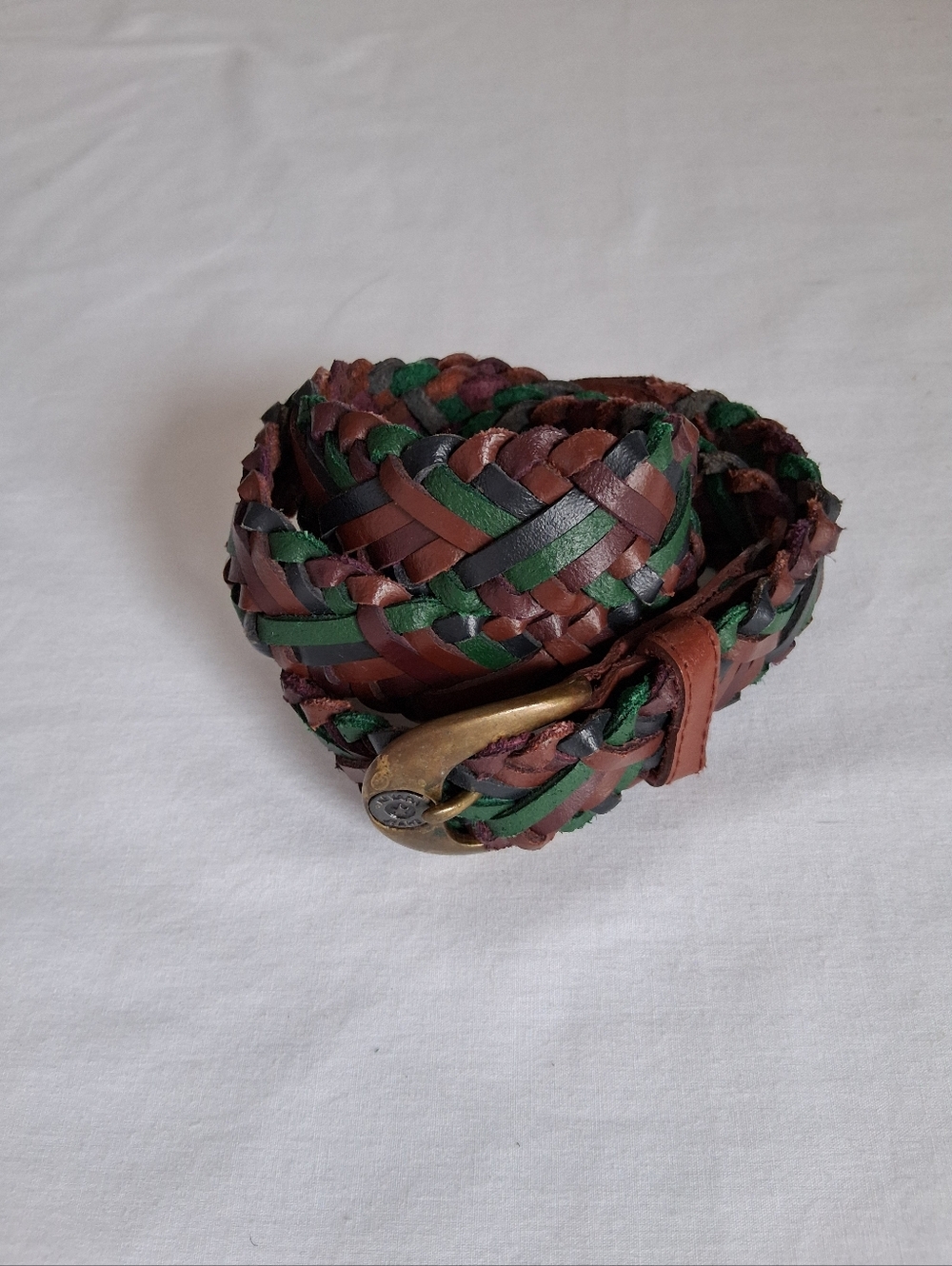 Nevada Belt Braided Leather Bronze Tone Metal Hardwear Green Brown Vintage